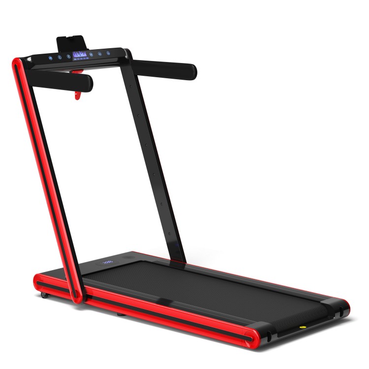 2-in-1 folding treadmill in red with LED displays, remote control, and Bluetooth speaker for convenient home workouts.