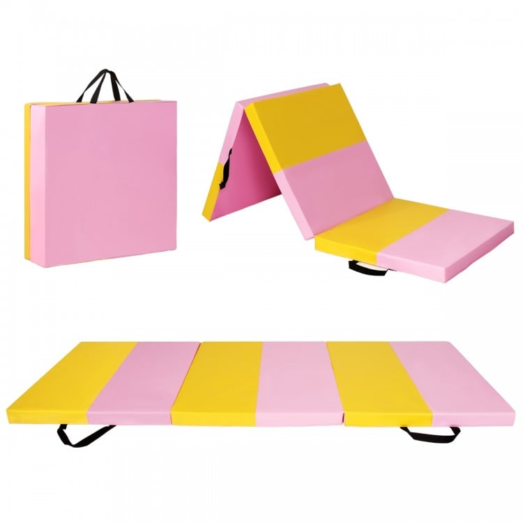 3-fold gymnastics tumbling mat in pink and yellow, made of high-density foam, ideal for training and easy to carry.