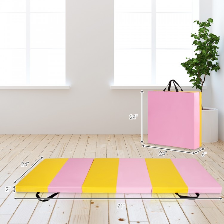 3-fold gymnastics tumbling mat in pink and yellow, 6ft x 2ft x 2.5in, with handles for easy storage and transport.