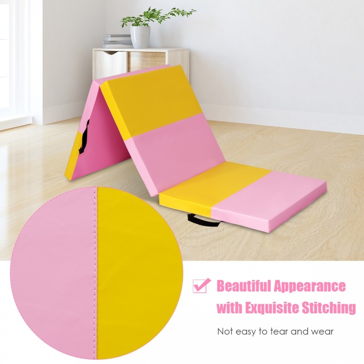 3-fold gymnastics tumbling mat in pink and yellow, made of tear-resistant PU leather, ideal for training and easy to.