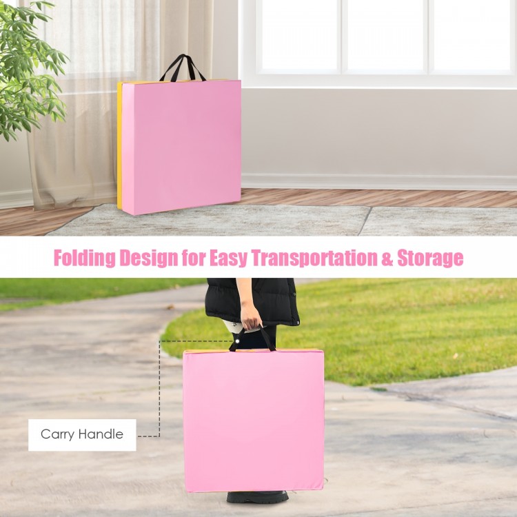 3-fold gymnastics tumbling mat in pink with carrying handles, featuring a durable PU leather surface for easy transport.