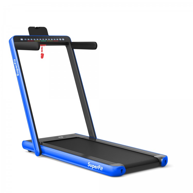 Folding 2-in-1 electric treadmill in blue with dual display, ideal for walking and running workouts at home.
