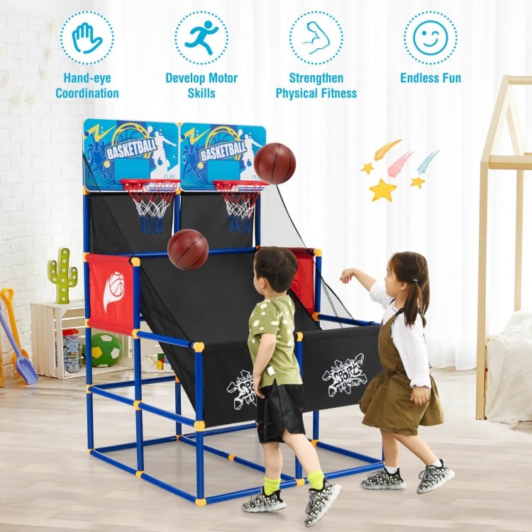 Kids arcade basketball game set featuring dual hoops, 4 basketballs, and sturdy PVC construction for indoor and outdoor.