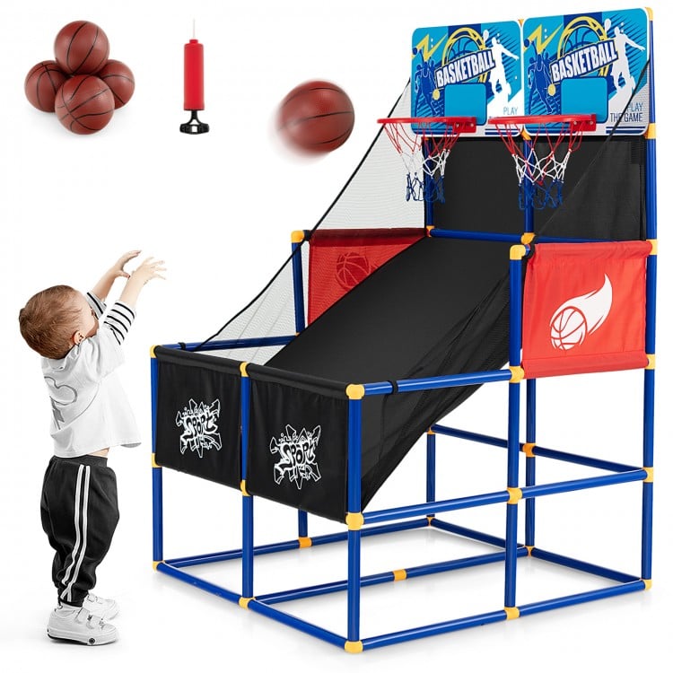 Kids arcade basketball game set featuring dual shooting system, sturdy PVC construction, and includes 4 basketballs and.