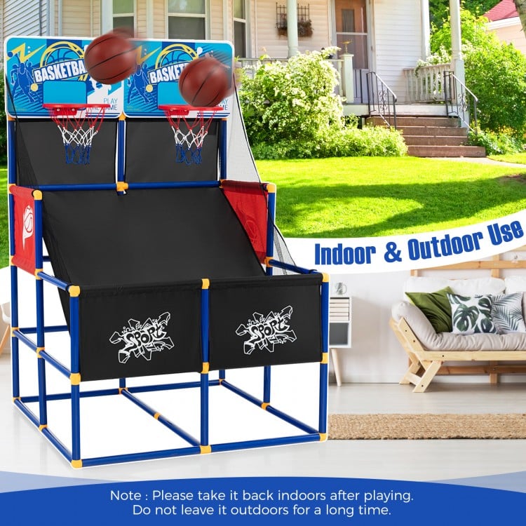 Kids arcade basketball game set showcasing a strong MDF backboard, dual hoops, and included pump for exciting gameplay.