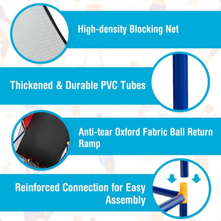 Kids arcade basketball game set featuring a high-density blocking net and durable PVC tubes for stability and fun.