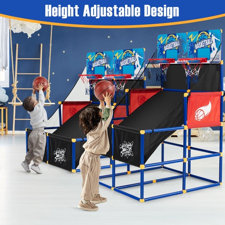 Kids arcade basketball game set featuring height adjustable design, sturdy PVC construction, and includes 4 basketballs.