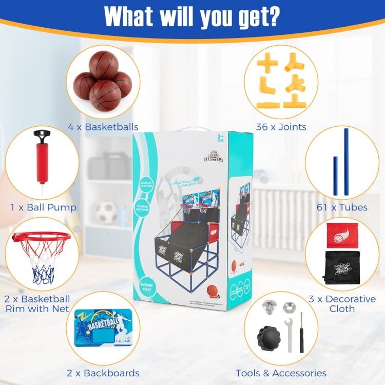 Kids Arcade Basketball Game Set includes 4 basketballs, pump, backboards, and sturdy PVC tubes for indoor/outdoor fun.