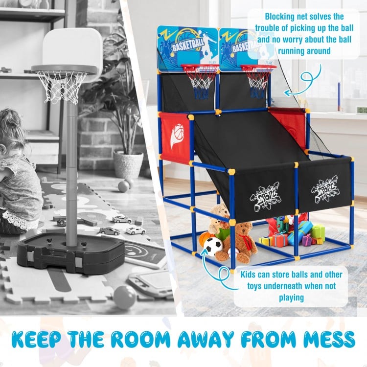Kids arcade basketball game set featuring a sturdy design, blocking net, and includes 4 basketballs for indoor or.