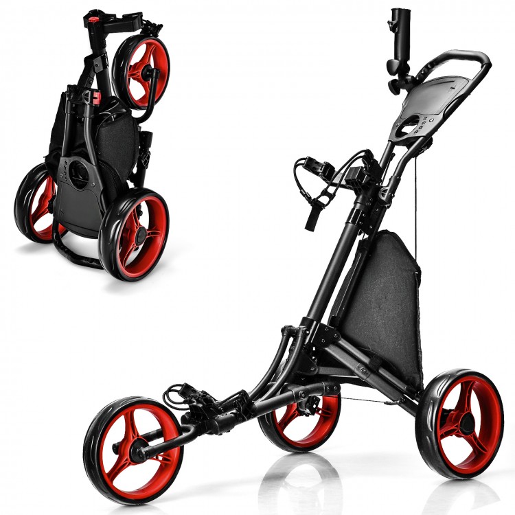 Folding 3 wheels golf push cart in red with adjustable handle, featuring ball bearing wheels and compact folding design.