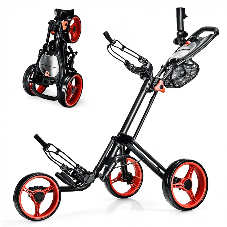 Folding 3 wheels golf push cart in red with adjustable handle, brake mechanism, and lightweight aluminum frame for easy.