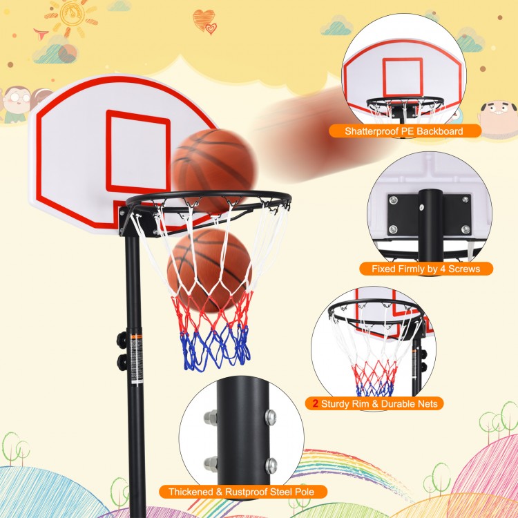 Adjustable basketball hoop system with shatterproof PE backboard and durable nylon net, ideal for indoor and outdoor.