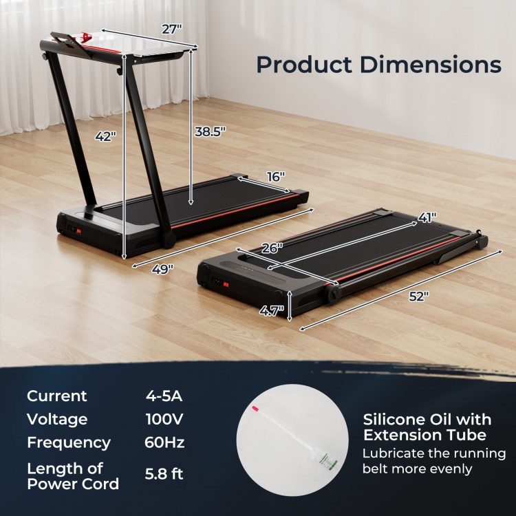 3-in-1 folding treadmill with large desk and LCD display, showcasing dimensions and features for versatile workouts.