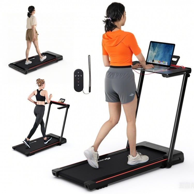 3-in-1 folding treadmill with large desk, LCD display, and shock-absorbing design for comfortable workouts at home.