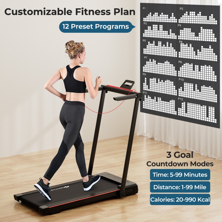 3-in-1 folding treadmill with large desk, LCD display, and 12 preset programs for versatile workouts at home.