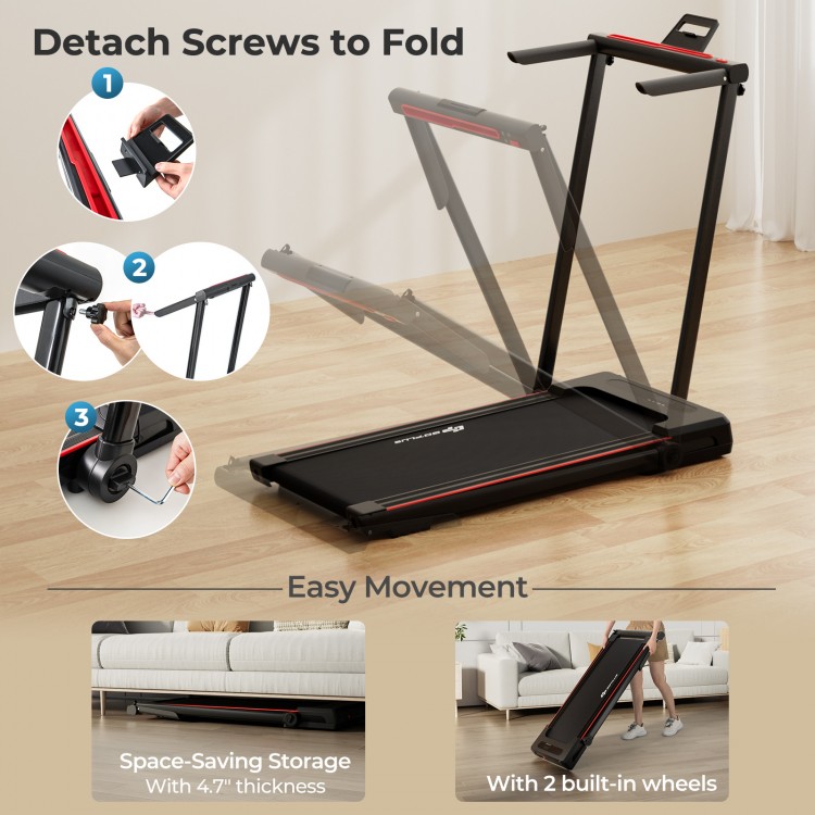 Folding treadmill with a large desk and LCD display, featuring easy storage with 4.7" thickness and built-in wheels.
