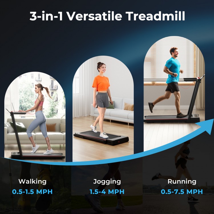 3-in-1 folding treadmill showcasing walking, jogging, and running modes with a large desk and LCD display for versatile.