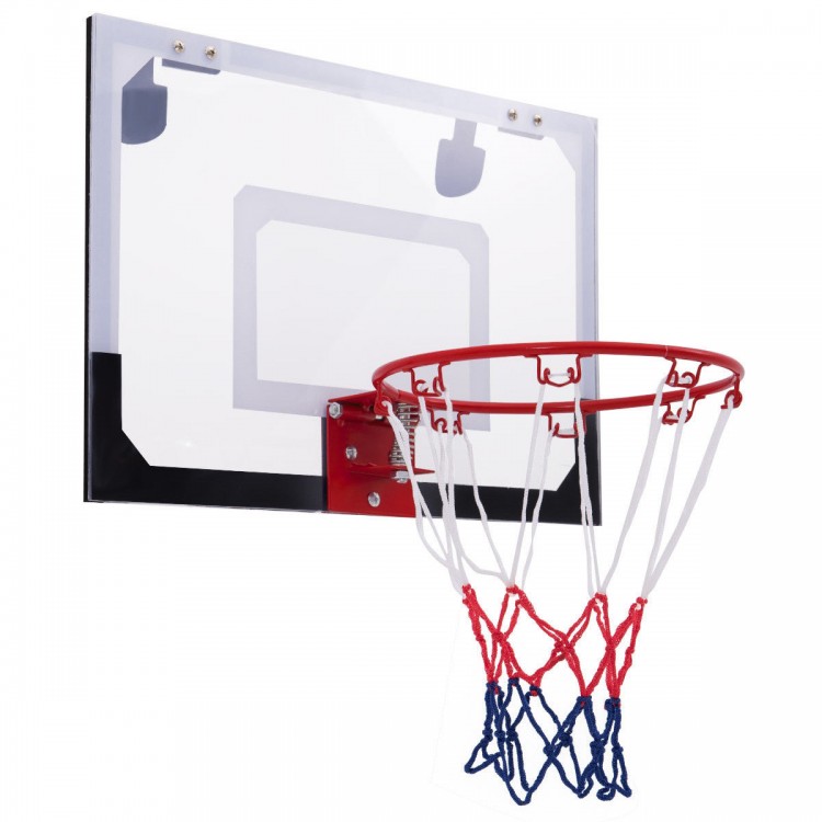 Over-the-door mini basketball hoop with a shatterproof backboard, heavy-duty rim, and included rubber basketball for.