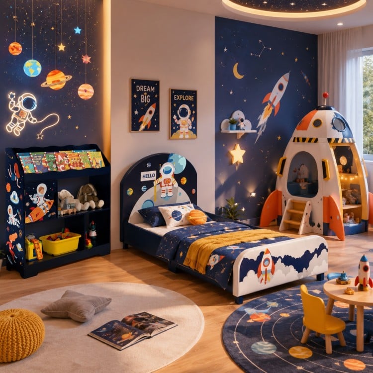 Space astronaut theme kids upholstered platform bed with toy storage organizer, featuring a soft padded headboard and safety certifications.