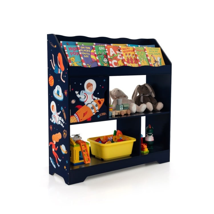 Space-themed toy storage organizer with three open cubbies and a cabinet, perfect for kids' rooms and play areas.