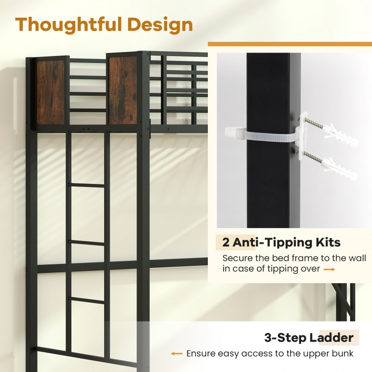 Twin loft bed with coffee finish, featuring a 3-step ladder and anti-tipping kits for safety and stability.