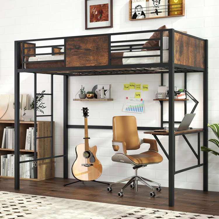 Twin loft bed with safety guardrail, built-in desk, and ladder, designed for space-saving and sturdy support.