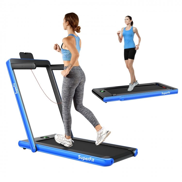 Folding 2-in-1 treadmill with 2.25 HP motor, shock-absorbing belt, and remote control for home or office workouts.