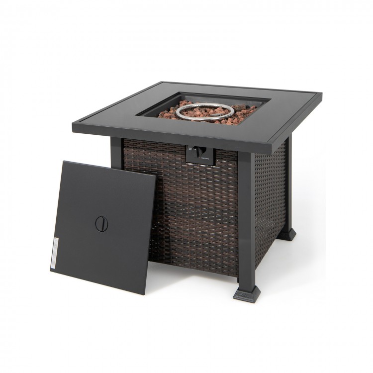 32-inch square propane fire pit table with lava rocks, rustproof steel frame, ideal for outdoor patios and gardens.