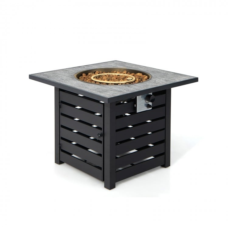 Square propane fire pit table with lava rocks, adjustable flame, and PVC cover for outdoor patio use.