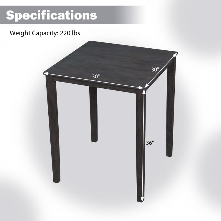 Square dining table with solid rubber wood frame, measuring 30"x30", perfect for meals and gatherings.