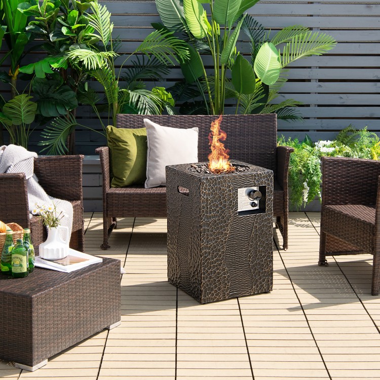 Square outdoor propane fire pit with lava rocks, 30,000 BTU, perfect for patio gatherings and weather-resistant design.