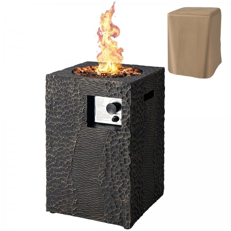 Square outdoor propane fire pit with a textured antique finish and lava rocks, designed for stylish outdoor warmth and.