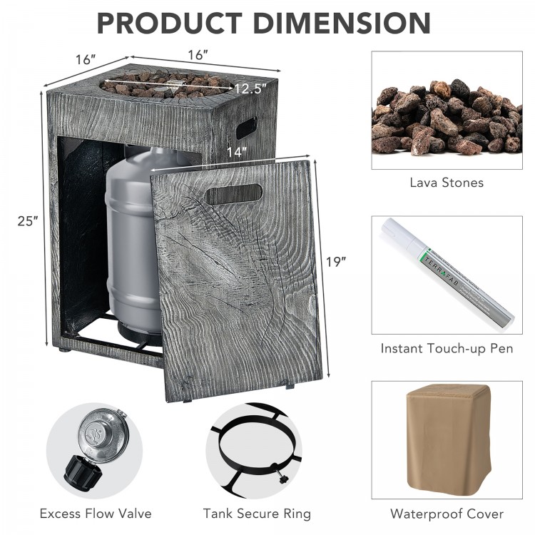 Square outdoor propane fire pit with lava rocks, waterproof cover, and control knob for easy flame adjustment.