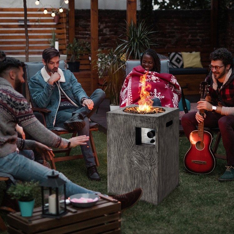 Square outdoor propane fire pit with lava rocks, 30,000 BTU, perfect for patio gatherings and weather-resistant.