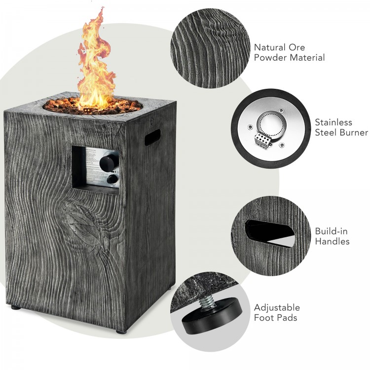 Square outdoor propane fire pit made from weather-resistant ore powder material with adjustable flame and lava rocks.