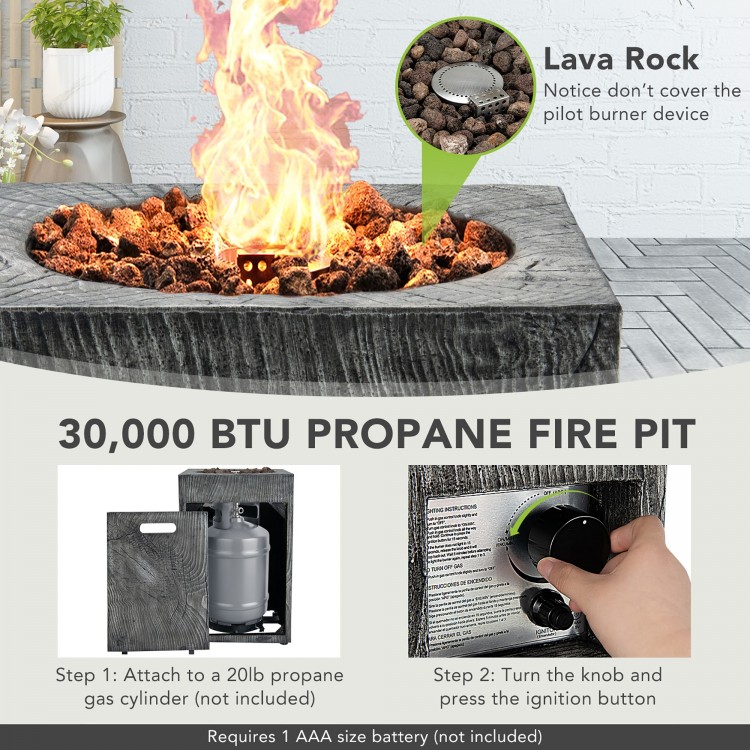 Square outdoor propane fire pit showing detailed lava rock placement, designed for warmth and ambiance during outdoor.