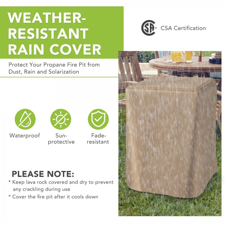 Square outdoor propane fire pit with waterproof cover, designed for durability and protection against weather elements.