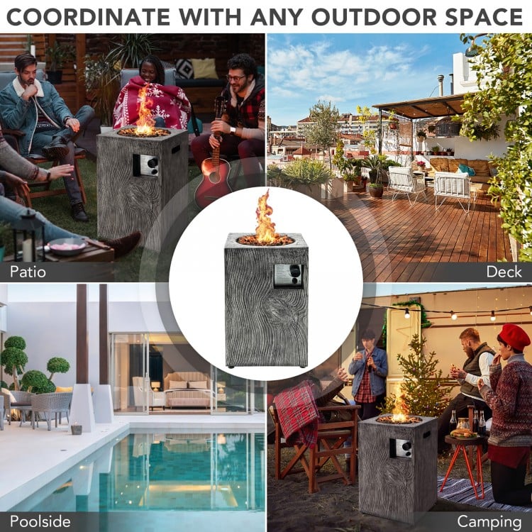 Square outdoor propane fire pit with lava rocks, 30,000 BTU, ideal for patio or deck gatherings.