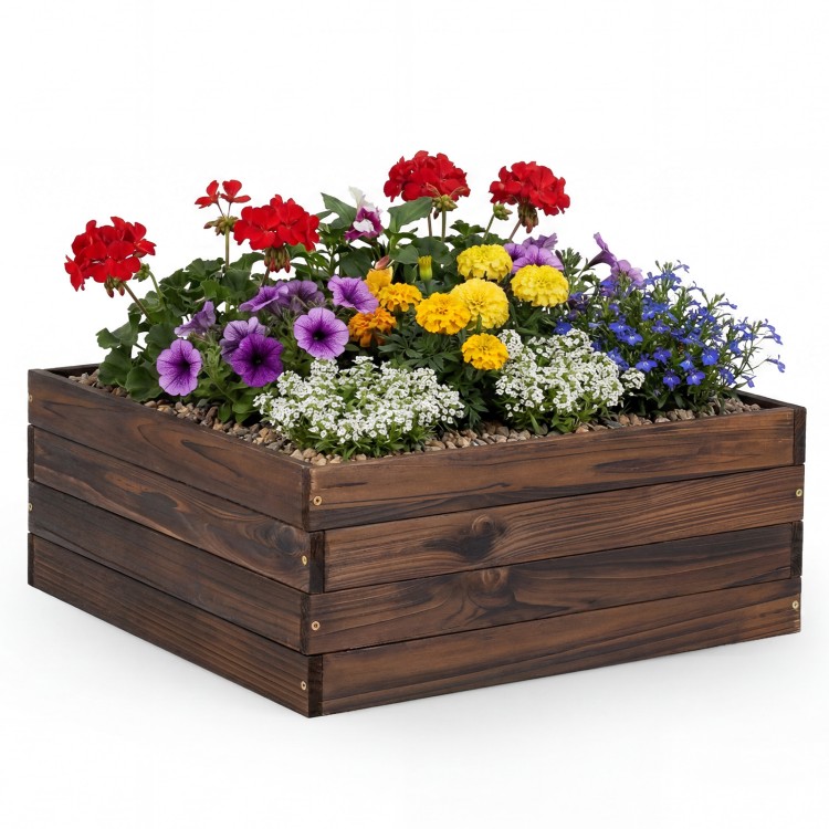Square raised garden bed made of fir wood, featuring vibrant flowers, perfect for growing vegetables and herbs.