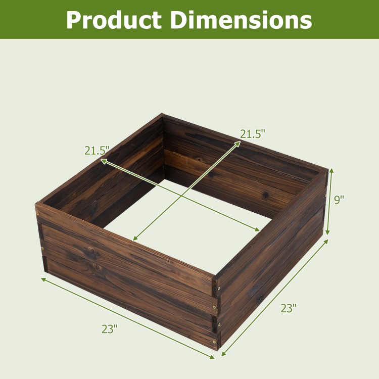 Square raised garden bed dimensions showing 2' x 2' size, made of durable fir wood for growing vegetables and flowers.
