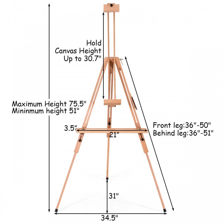Foldable wood tripod sketching easel with adjustable height, perfect for various canvases and easy outdoor transport.