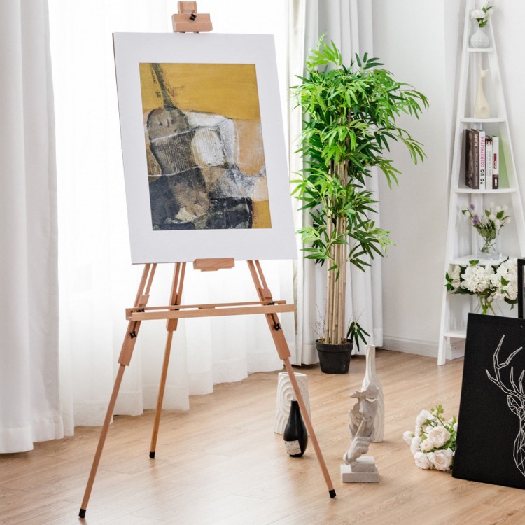 Foldable wood tripod sketching easel with adjustable height, perfect for canvases and portable for outdoor painting.