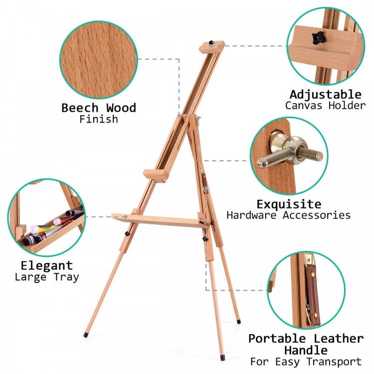 Foldable wood tripod sketching easel with adjustable height, beech wood finish, and portable leather handle for easy.