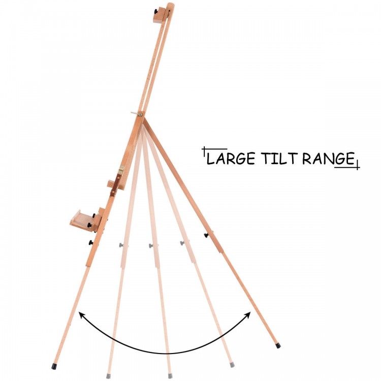 Foldable wood tripod sketching easel with adjustable height and large tilt range, perfect for outdoor painting.