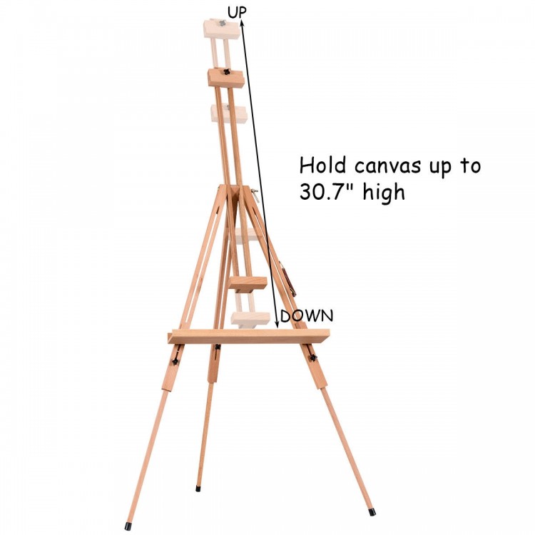 Foldable wood tripod sketching easel with adjustable height, holding canvases up to 30.7" high for versatile use.
