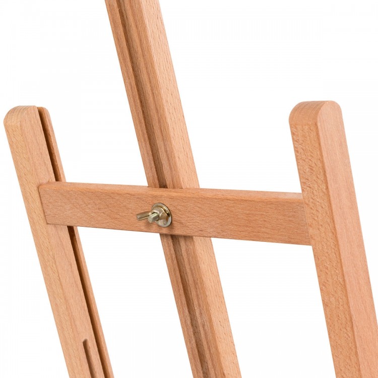 Close-up of the adjustable wood tabletop easel showcasing the H-frame design and height adjustment feature for artists.