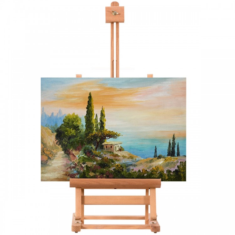Adjustable portable wood tabletop easel displaying a landscape painting, perfect for artists and students.