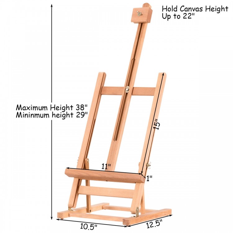 Adjustable portable wood tabletop easel with H-frame design, holding canvases up to 22", perfect for artists and.