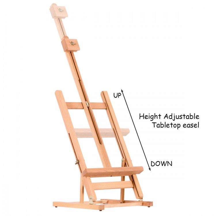 Height adjustable wood tabletop easel in H-Frame design, perfect for artists and students, folds flat for easy.