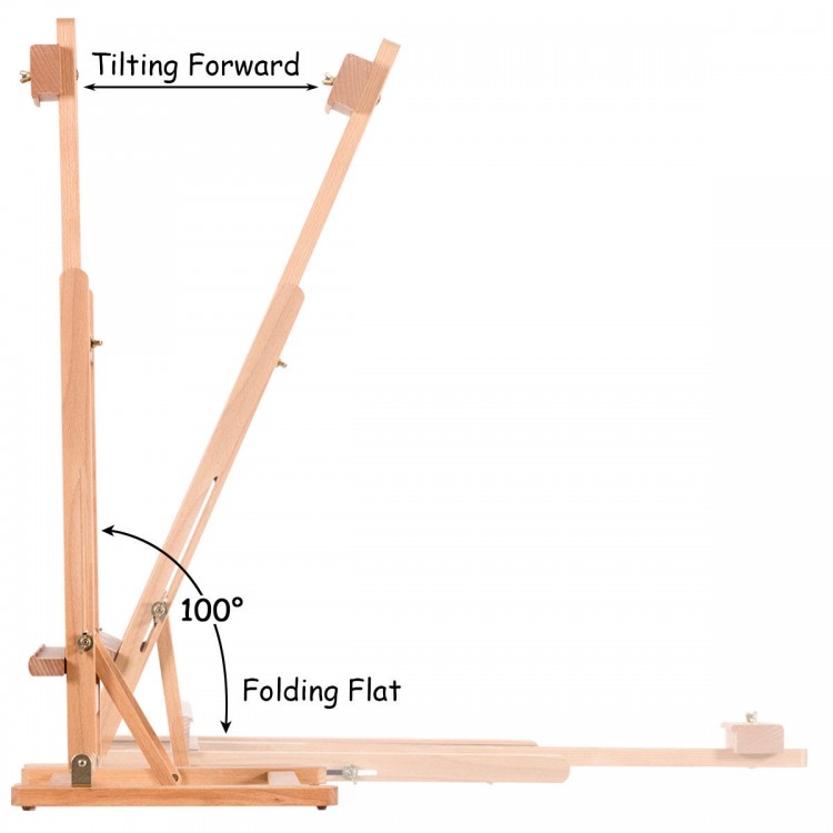 Adjustable wood tabletop easel in H-frame design, showcasing tilting and folding features for portable artist use.